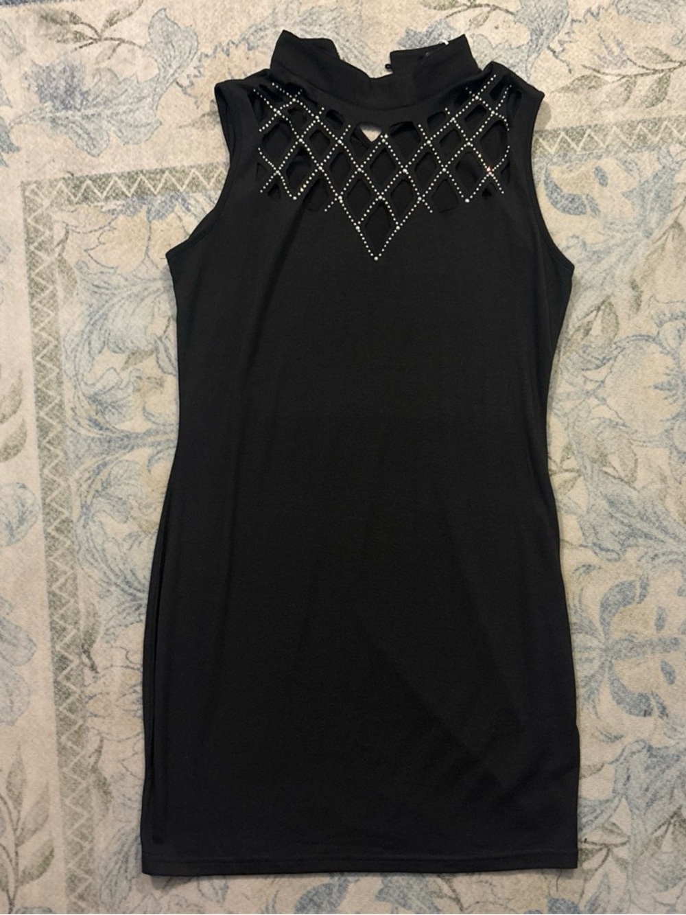 Black Sleeveless Mock Neck Dress with Rhinestone Yoke